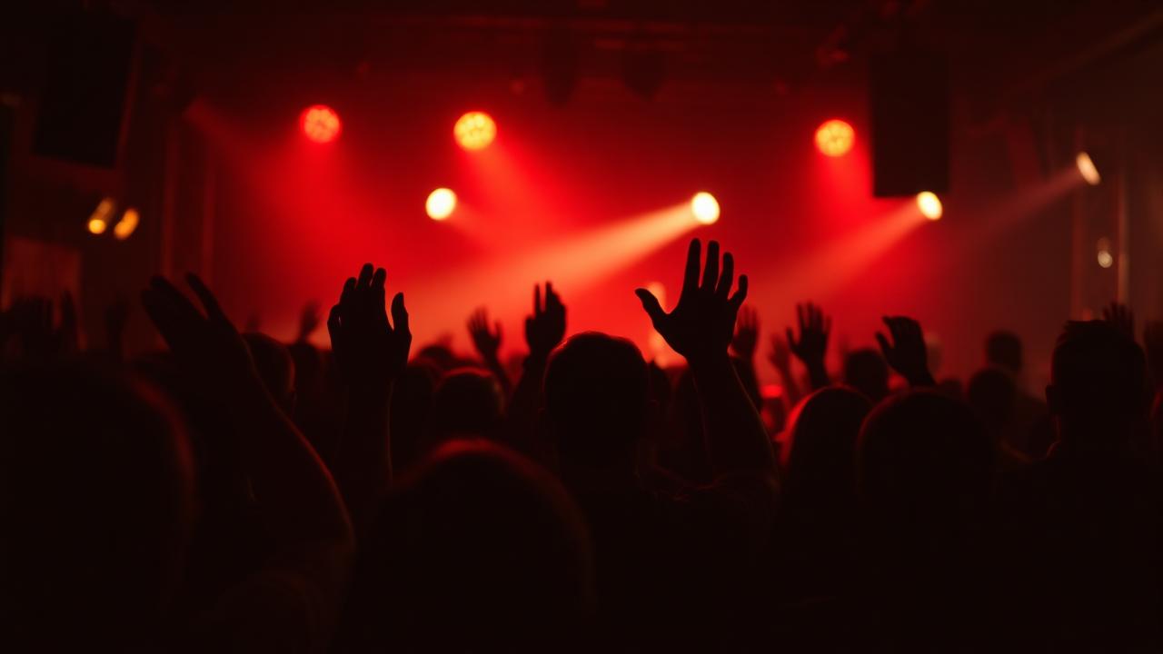 Crowd with raised hands at a live music night